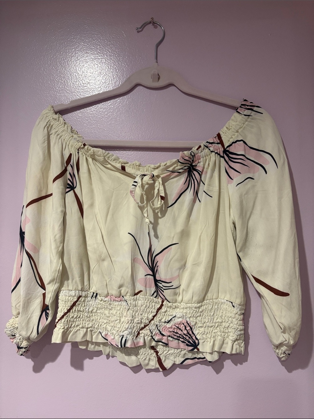 Women's Off-Shoulder Floral Blouse - Cream with Pink Accent